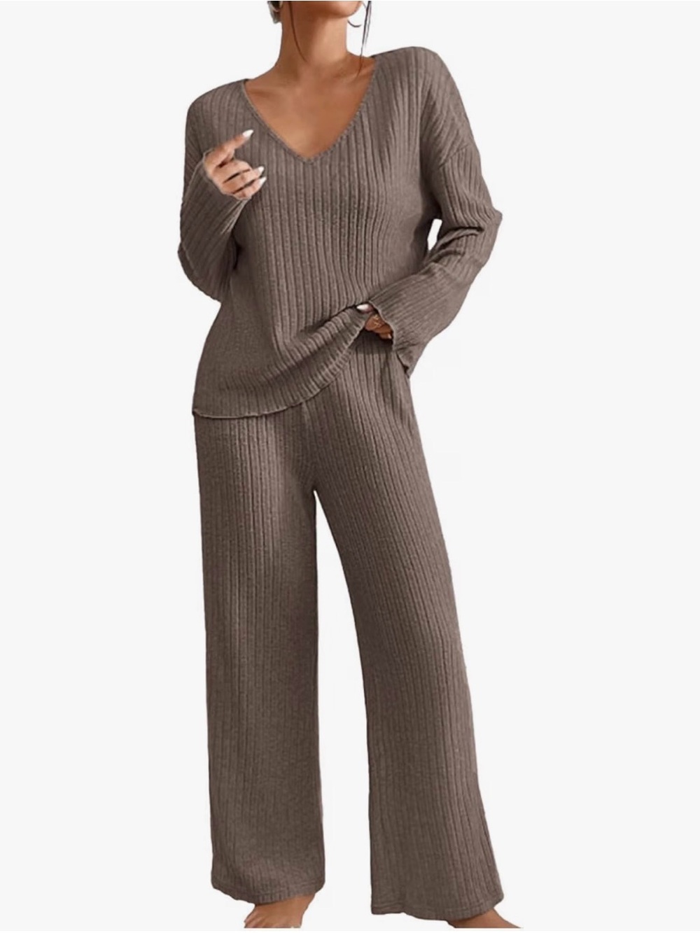 Brand new! Cozy Ribbed V-Neck Lounge Set - Brown